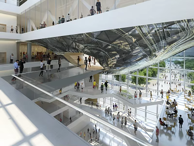 Spacious Modern Office Passageway With Glass Curtain Walls Multi Level Walkways And Natural Light 3d model