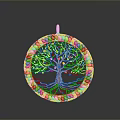 Golden Circular Pendant With Intricate Tree Design And Decorative Filigree Border