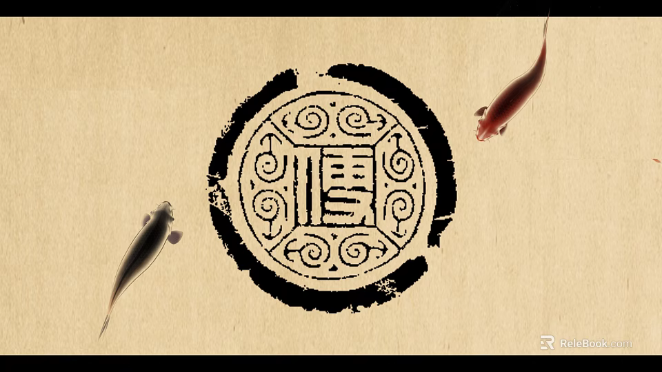 Fish Swimming Around Circular Seal With Seal Script Chinese Character Fu On Beige Paper Background 3d model 