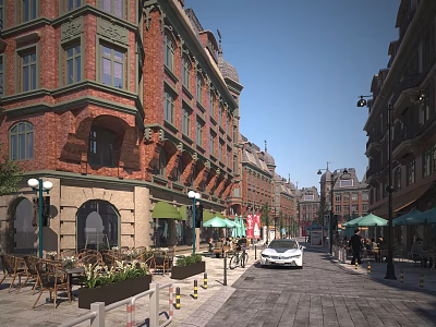 European Style Commercial Street With Red Brick Buildings Cafes Green Umbrellas And Outdoor Seating 3d model