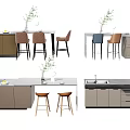 Different Kitchen Interior Designs With Cabinets Bar Stools And Green Plants 3d model