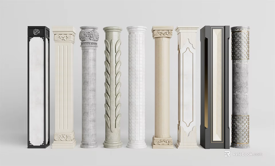 Different Architectural Columns With Classical Carvings Modern Designs And Various Materials 3d model 
