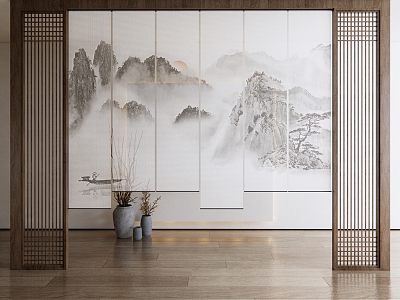 New Chinese-style roller shutter landscape ink painting gauze curtain partition 3d model