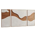 Three Panel Abstract Painting With Wavy Brown Beige Lines Framed For Home Decor
