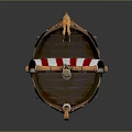 Decorative Wooden Ship Model With Red White Striped Sail Skull Decoration And Intricate Carvings