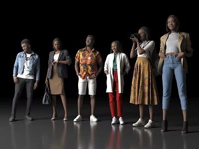 Group of Diverse People Standing Together in Casual and Formal Attire Against Dark Background 3d model