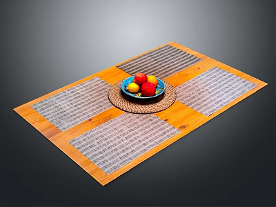Fresh Red Apples And Yellow Lemons In Blue Bowl On Woven Mat With Wooden Tray 3d model