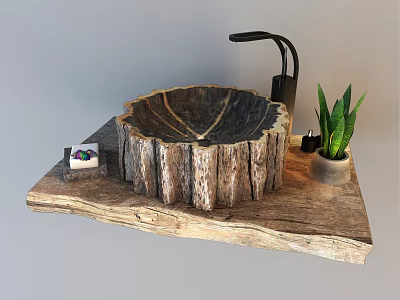 Natural Wooden Tree Stump Wash Basin with Black Faucet and Green Plant on Wooden Platform 3d model