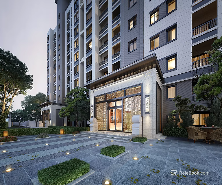 Modern High Rise Residential Building With Elegant Entrance Porch Lush Greenery And Landscaped Garden 3d model 