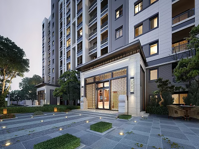 Modern High Rise Residential Building With Elegant Entrance Porch Lush Greenery And Landscaped Garden 3d model