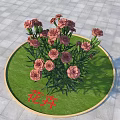 Beautiful Pink Flowers Growing On Circular Green Lawn With Lush Green Leaves On Paved Ground