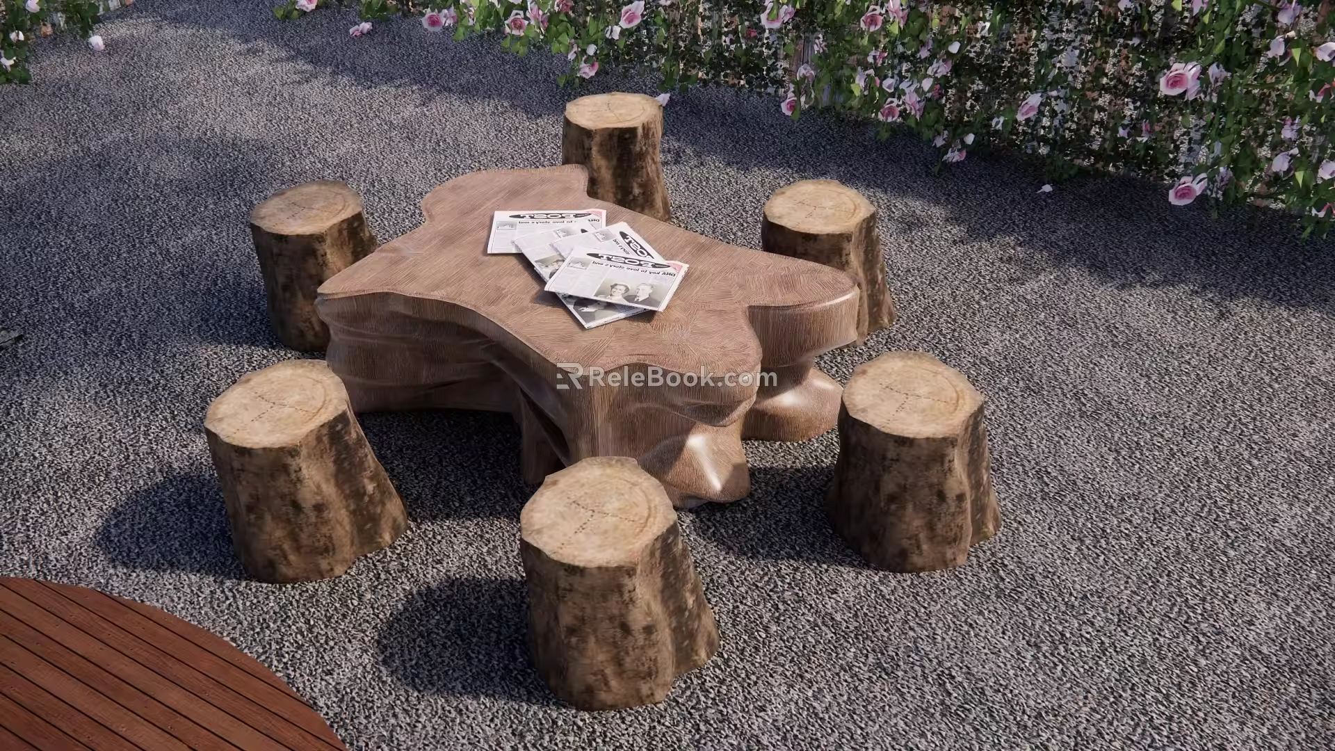Modern Ecological Wooden Table and Chair Combination Courtyard Stone Bench Outdoor Stone Tea Table Courtyard Table and Chair Stone Table and Chair 3d model