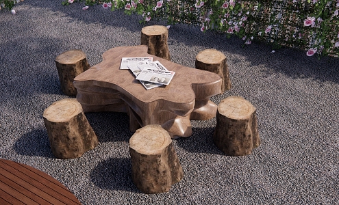 Modern Ecological Wooden Table and Chair Combination Courtyard Stone Bench Outdoor Stone Tea Table Courtyard Table and Chair Stone Table and Chair 3d model