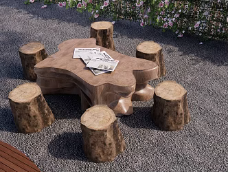 Modern Ecological Wooden Table and Chair Combination Courtyard Stone Bench Outdoor Stone Tea Table Courtyard Table and Chair Stone Table and Chair 3d model