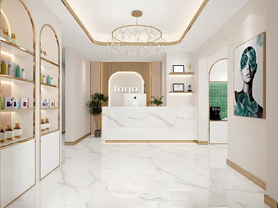 Bright Shop Front Desk with Marble Counter White Gold Decor Chandelier and Product Shelves 3d model