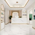 Bright Shop Front Desk with Marble Counter White Gold Decor Chandelier and Product Shelves