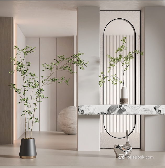 Modern Elegant Interior Room Divider With Oval Mirror Green Plants And Marble Countertop 3d model 