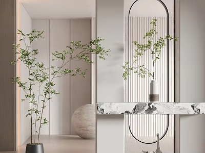 Modern Elegant Interior Room Divider With Oval Mirror Green Plants And Marble Countertop 3d model