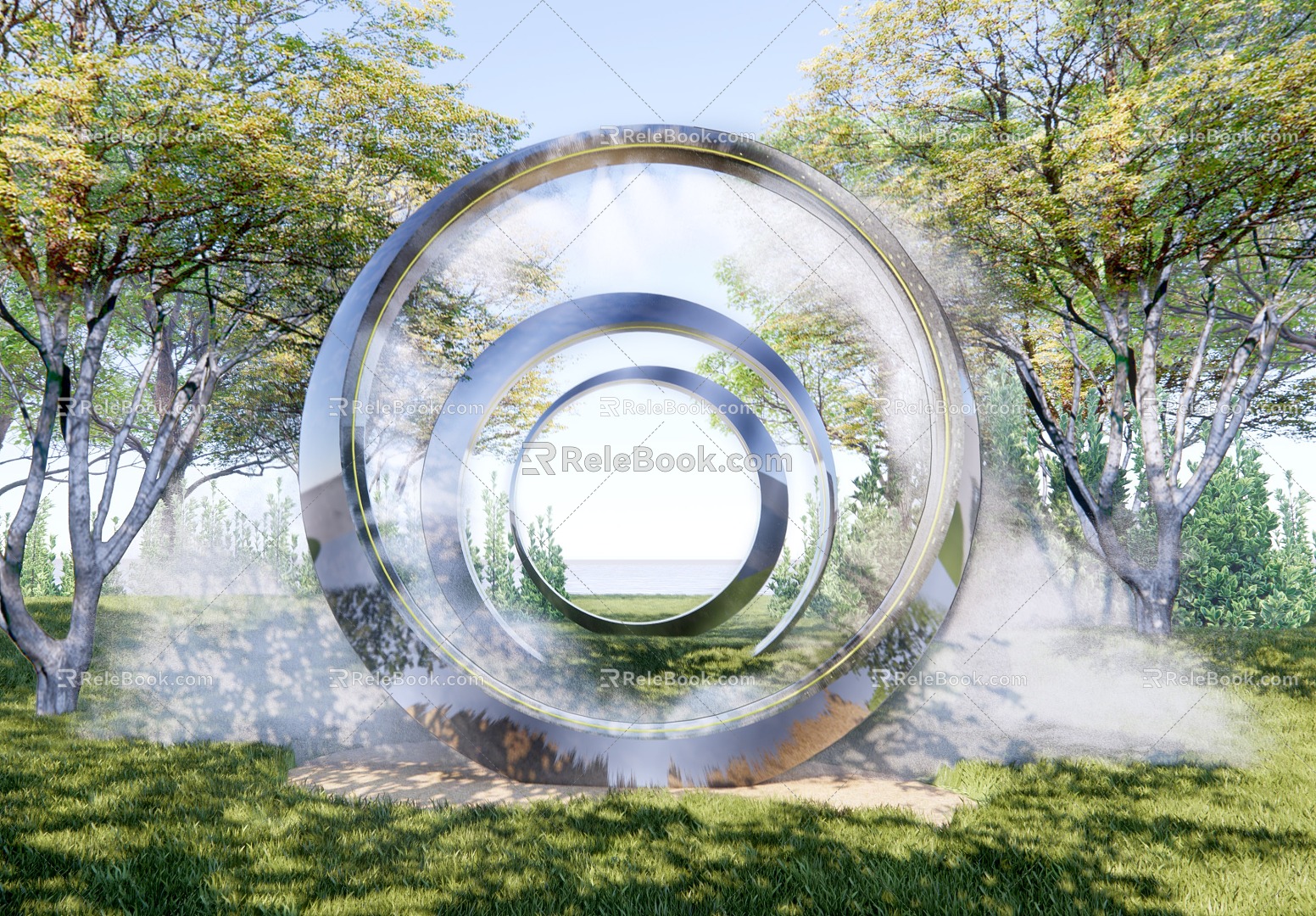 Modern City Sculpture Ring Fog Spray Sculpture Round Luminous Landscape Sculpture Stainless Steel Metal Installation Geometric Sculpture Sculpture model