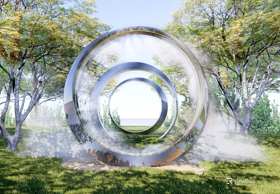 Stainless Steel Circular Ring Landscape Sculpture With Trees Green Grass And Mist 3d model 
