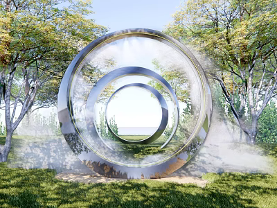 Modern City Sculpture Ring Fog Spray Sculpture Round Luminous Landscape Sculpture Stainless Steel Metal Installation Geometric Sculpture 3d model