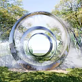 Stainless Steel Circular Ring Landscape Sculpture With Trees Green Grass And Mist