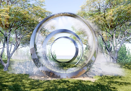 Modern City Sculpture Ring Fog Spray Sculpture Round Luminous Landscape Sculpture Stainless Steel Metal Installation Geometric Sculpture 3d model