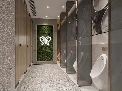 Public Restroom Interior Design With Modern Stalls Urinals Green Plant Wall And Butterfly Light 3d model