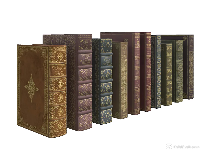 Classic Decorative Books With Various Colored Covers And Intricate Patterns Arranged In A Row 3d model 