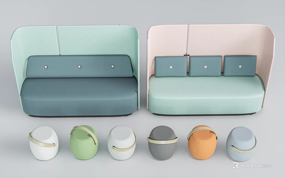 Light Green and Pink Sectional Sofas with Six Assorted Color Stools in Living Room 3d model