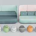 Light Green and Pink Sectional Sofas with Six Assorted Color Stools in Living Room 3d model