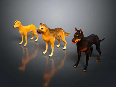 Three Different Colored Dogs 3D Models in Standing Poses with Shiny Reflections 3d model
