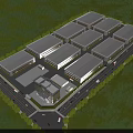 Industrial Warehouse Complex With Multiple Units Surrounded by Lush Greenery and Road Access 3d model