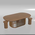 Wooden Oval Dining Table Set With Slatted Legs And Two Round Stools 3d model