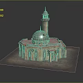 Traditional Mosque Building With Green Dome Minaret Arched Windows And Stone Base