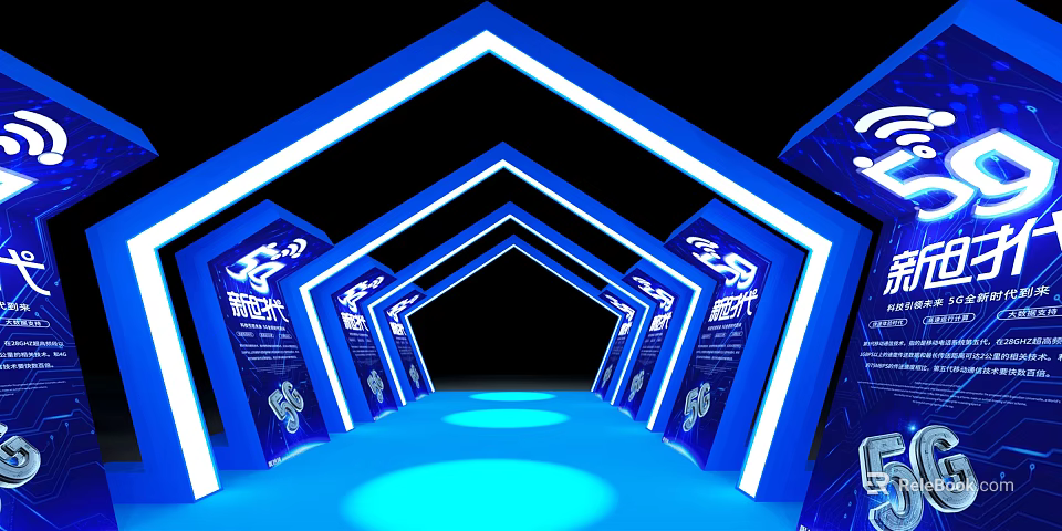 Blue Illuminated Archway With Multiple Arch Structures Blue Floor Lighting And Exhibition Panels 3d model 