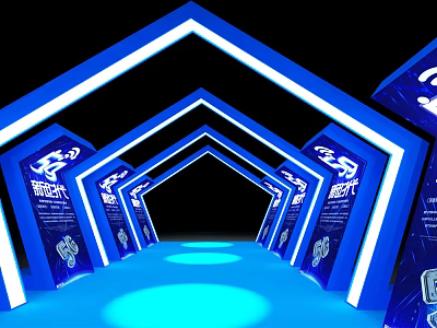 Blue Illuminated Archway With Multiple Arch Structures Blue Floor Lighting And Exhibition Panels 3d model