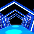 Blue Illuminated Archway With Multiple Arch Structures Blue Floor Lighting And Exhibition Panels