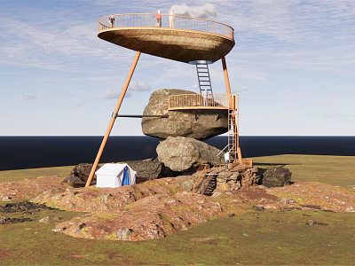 Roadside Scenic Observation Facility Built On Large Rocks With Wooden Platform Metal Ladder And Tent 3d model