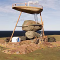 Roadside Scenic Observation Facility Built On Large Rocks With Wooden Platform Metal Ladder And Tent