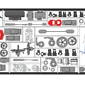 White Background Wall With Toy Cars Bicycle Models Wheels And Tools