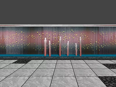 Modern Water Feature Wall With Water Golden Light Spots And Copper Columns On Gray Tiles 3d model