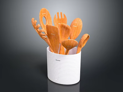Wooden Kitchen Utensils Set In White Striped Container With Spoons Forks And Spatulas 3d model