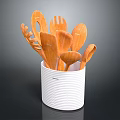Wooden Kitchen Utensils Set In White Striped Container With Spoons Forks And Spatulas