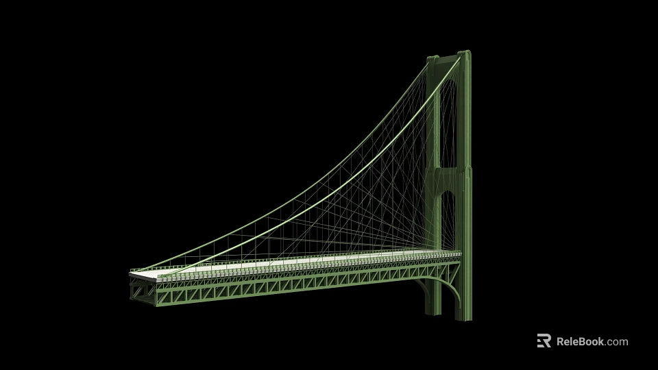 Green Modern Suspension Bridge 3D Model with Detailed Cable Structure 3d model