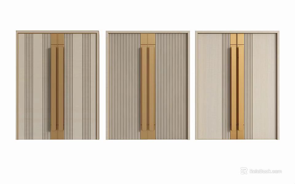Modern Double Doors In Neutral Tone With Vertical Stripes And Gold Handles 3d model 