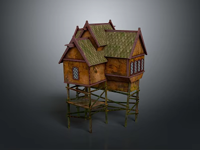 Rustic Wooden Elevated Cottage Featuring Green Roof And Small Windows On Stilts 3d model