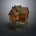 Rustic Wooden Elevated Cottage Featuring Green Roof And Small Windows On Stilts