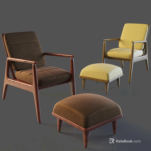 Brown And Yellow Modern Lounge Chairs Featuring Wooden Frames Fabric Seats And Ottoman Stools 3d model 