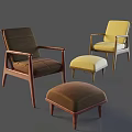 Brown And Yellow Modern Lounge Chairs Featuring Wooden Frames Fabric Seats And Ottoman Stools